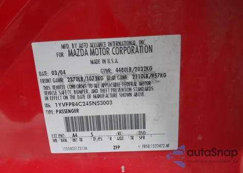 2004 Mazda Mazda6 I from USA, damaged, VIN 1YVFP84C245N53003